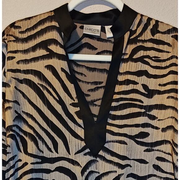 Chico's Silk Popover Tunic Top Animal Print Deep V Neck Women's Small Long Slv - Picture 2 of 7